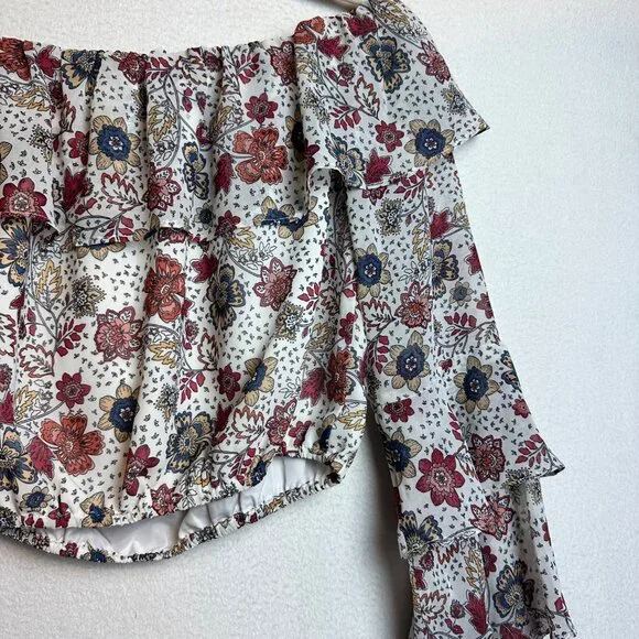 F21 Boho Crop Ruffle Blouse Off Shoulder Top Size Medium Floral Cottage Western - Picture 11 of 11